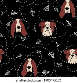 Vector seamless pattern with Basset Hound, Bulldog and paper airplanes on black background. Cute dogs illustration for fabric, textile, background, wallpaper