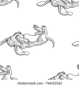 Vector seamless pattern with basset hound puppies. Hand drawn illustration with cute dogs isolated on white background. Animal character in sketch style