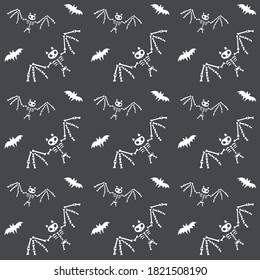 Vector seamless pattern. Bat white skeletons on grey background. Halloween wrapping paper concept