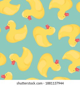 Vector Seamless Pattern with Bath Rubber Yellow Ducks for Shower.Kid's Cute Toys for Playing in the Bathroom.Cartoon Illustration for Print,Design, Wrapping Paper,Wallpaper, Textile on Blue Background