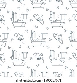 Vector seamless pattern Bath, shower, washcloth, hand, bubbles, towel, hanger on white background. Bathtub. Bathroom set, washing, bathing, cleanliness background. Design for wrapping, fabric, print