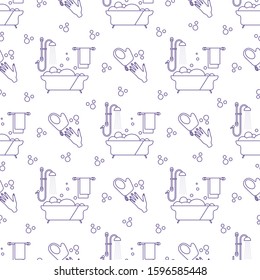 Vector seamless pattern Bath, shower, washcloth, hand, bubbles, towel, hanger on white background. Bathtub. Bathroom set, washing, bathing, cleanliness background. Design for wrapping, fabric, print