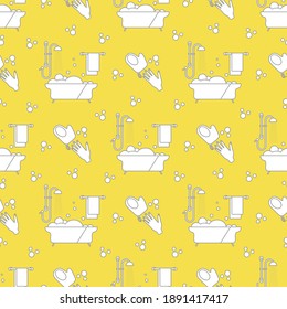 Vector seamless pattern Bath, shower, washcloth, hand, bubbles, towel, hanger on white background. Bathtub. Bathroom set, washing, bathing, cleanliness background. 
