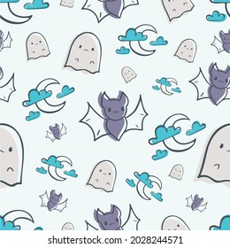 Vector seamless pattern of bats, ghosts and crescent moon on a blue background 