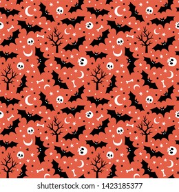 Vector seamless pattern with bats, moons, skulls and trees. Halloween background.
