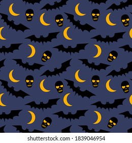 Vector seamless pattern with bats, moons, skulls and trees.