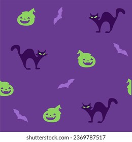 Vector seamless pattern with bats, moons, skulls and trees.