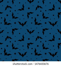 Vector seamless pattern with bats on blue background. Simple halloween design for greeting card, gift box, wallpaper, fabric, web design.