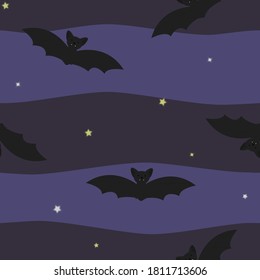 Vector seamless pattern with bats and stars on dark background. For halloween decoration and invitations, fabric, kitchen textile and print, web page background, gift and wrapping paper.