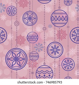 Vector seamless pattern with baubles and snowflakes.Christmas and New year decoration.Winter background. Pattern for fabric, textile, wrapping paper, wallpaper, backdrop or other decoration.