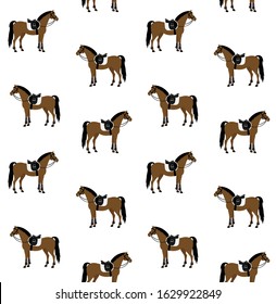 Vector seamless pattern of bay brown flat cartoon equipped horse with saddle and bridle isolated on white background