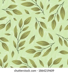 Vector seamless pattern with bay leaves twigs; for packaging, wrapping paper, posters, banners.