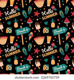 Vector seamless pattern with beach elements on a black background. Summer pattern with beach bag, sunscreen, slates, ice cream, watermelon and pineapple