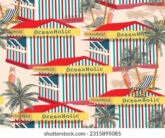 Vector seamless pattern of beach house box , beach huts on Summer striped and palm trees , Design for fashion , fabric, textile, wallpaper , wrapping and all prints 