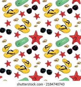 Vector seamless pattern of beach objects. Red starfish, flip-flops, towel, shell and sunglasses.