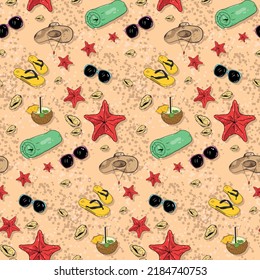 Vector seamless pattern of beach objects located on the sand. A hat, a starfish, flip-flops, a towel, a coconut with a straw, a shell and sunglasses.