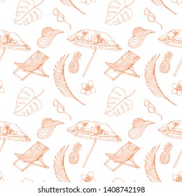 Vector seamless pattern "Beach season" orange contour.Beach umbrella, exotic leaves, plants, flower, pineapple, sunglasses, deck chair.For factories, children's books, design, background, textiles