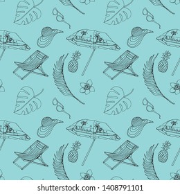 Vector seamless pattern "Beach season" on a blue background.Beach umbrella, exotic leaves, plants,flower, pineapple, sunglasses, deck chair.For factories,children's books, design, background, textiles