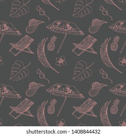 Vector seamless pattern "Beach season" gray background.Beach umbrella, exotic leaves, plants, flower, pineapple, sunglasses, deck chair.For factories, children's books, design, background, textiles