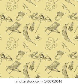Vector seamless pattern "Beach season" on yellow background.Beach umbrella, exotic leaves, plants, flower, pineapple, sunglasses, deck chair.For factories,children's books, design, background, textile