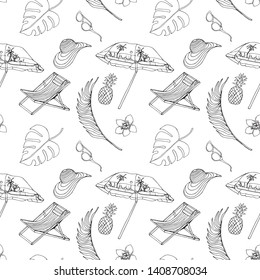 Vector seamless pattern "Beach season".Beach umbrella, exotic leaves, plants, flower, pineapple, sunglasses, deck chair.For factories, colorings, children's books, design, background, textiles