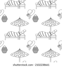 Vector seamless pattern with beach subjects: lounger, towel, umbrella, hat, bag. Graphic illustration for fabric, textile, banner, background.