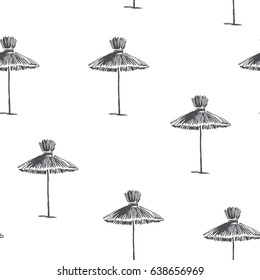 Vector seamless pattern with beach umbrellas. Vintage hand drawn illustration of  straw sunshades on sea coast. Summer vacation texture in sketch style