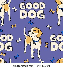 Vector seamless pattern with beagle dogs and inscriptions good dog