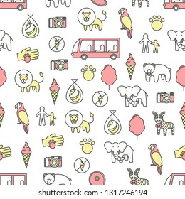 Vector seamless pattern with bear, elephant, zebra, parrot, lion, ice cream cone, bus, camera, visitors, animal food and cotton candy. Thin line art flat style design zoo background, wallpaper.