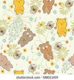 Vector seamless pattern with bear and flowers