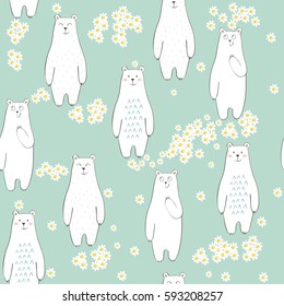 Vector seamless pattern with bear and flowers