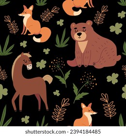 Vector seamless pattern with bear, fox, horse , trees and plants.