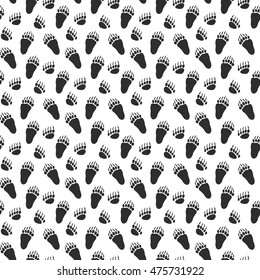 Vector seamless pattern with bear steps. Black and white. Silhouette footprint for textile, paper, book, game, cards, banner, web design.
