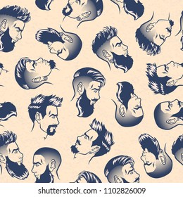 Vector seamless pattern bearded men face profile hipster head with haircuts, mustaches and beards.