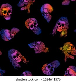 Vector seamless pattern with bearded skulls. Gradient fill, bright trend colors: purple, orange, blue on a black background.  Halloween.