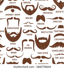 Vector seamless pattern with beards and moustaches. Hand drawn illustration with fashionable men's styles. Linear Graphics. Kinds and names of hairstyles.