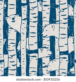 Vector seamless pattern with bears in birch forest. Grunge effect in separate layer