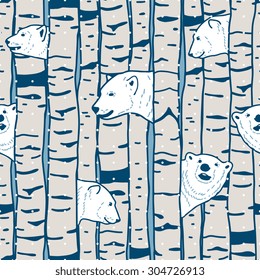 Vector seamless pattern with bears in birch forest. Snow effect in separate layer