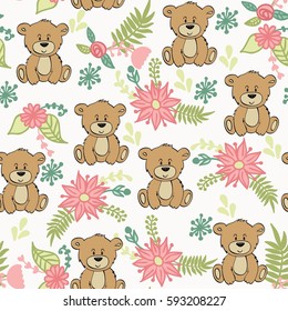 Vector seamless pattern with bears and flowers