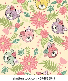 Vector seamless pattern with bears and flowers