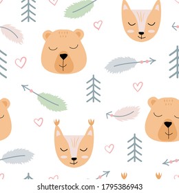 Vector seamless pattern with bears and foxes. Cute scandinavian illustration with feathers and trees.