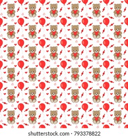 Vector seamless pattern with bears, hearts and candy. Pattern for wrapping paper and fabric. Children's background. 