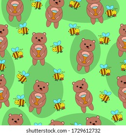 Vektor-nahtloses Muster: Bären und Honig. Kawaii Bären, Bienen und Blumen auf weißem Hintergrund. Muster für Kinder Textil, Verpackung, Tapete. Geräuschvoller Sommerhintergrund. Vector, ab 10.
