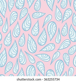 Vector seamless pattern with beautiful abstract blue and white doodle drops on light pink background. Abstract handy pattern.