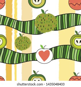 Vector seamless pattern with beautiful apples. Scribble, doodling, print.  