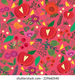 Vector seamless Pattern of beautiful apples and amazing flowers.