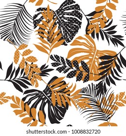 vector seamless pattern beautiful artistic silhouette  tropical leaves in polka dot  pattern with exotic forest. Colorful original stylish floral print on white background.