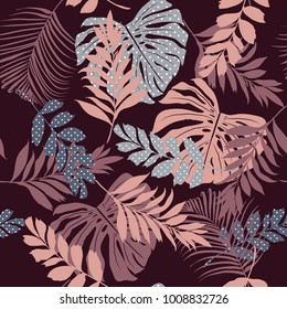 vector seamless pattern beautiful artistic silhouette tropical leaves in polka dot pattern with exotic forest. Colorful original stylish floral print on dark maroon color background. vector seamless pattern beautiful artistic silhouette tropical leaves in polka dot pattern with exotic forest. Colorful original stylish floral print on dark maroon color background.