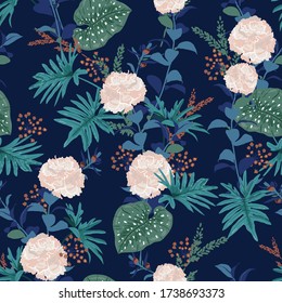 Vector seamless pattern beautiful artistic tropical with exotic forest. Blooming pink flowers ,leaves and foliage background print, on dark blue color.