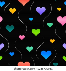 Vector seamless pattern. Beautiful background with hearts and whorls. Bright modern stylish texture. Contemporary graphic design. Repeating abstract background. Elegant colorful endless texture 